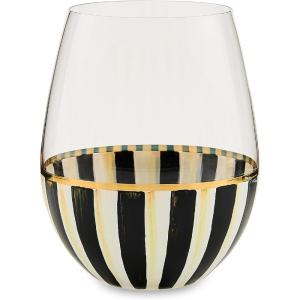 MACKENZIE-CHILDS Stemless Wine Glass, Decorative Wine Glass, 22 Ounces, Black-and-White Courtly Stripe(Courtly Stripe)
