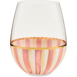 MACKENZIE-CHILDS Stemless Wine Glass, Decorative Wine Glass, 22 Ounces, Black-and-White Courtly Stripe(Rosy Stripe)