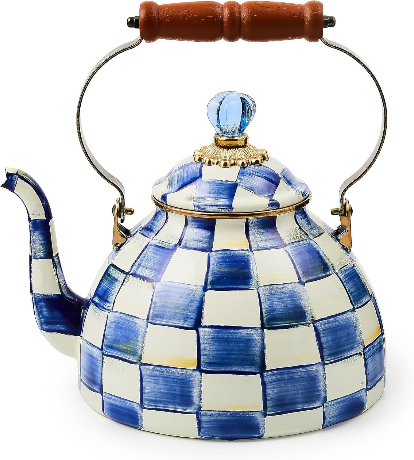 image:imageMACKENZIE CHILDS Enamel Tea Kettle Decorative Tea Kettle for Stovetop 3 Quarts LightBlueandWhite Sky CheckRoyal Check