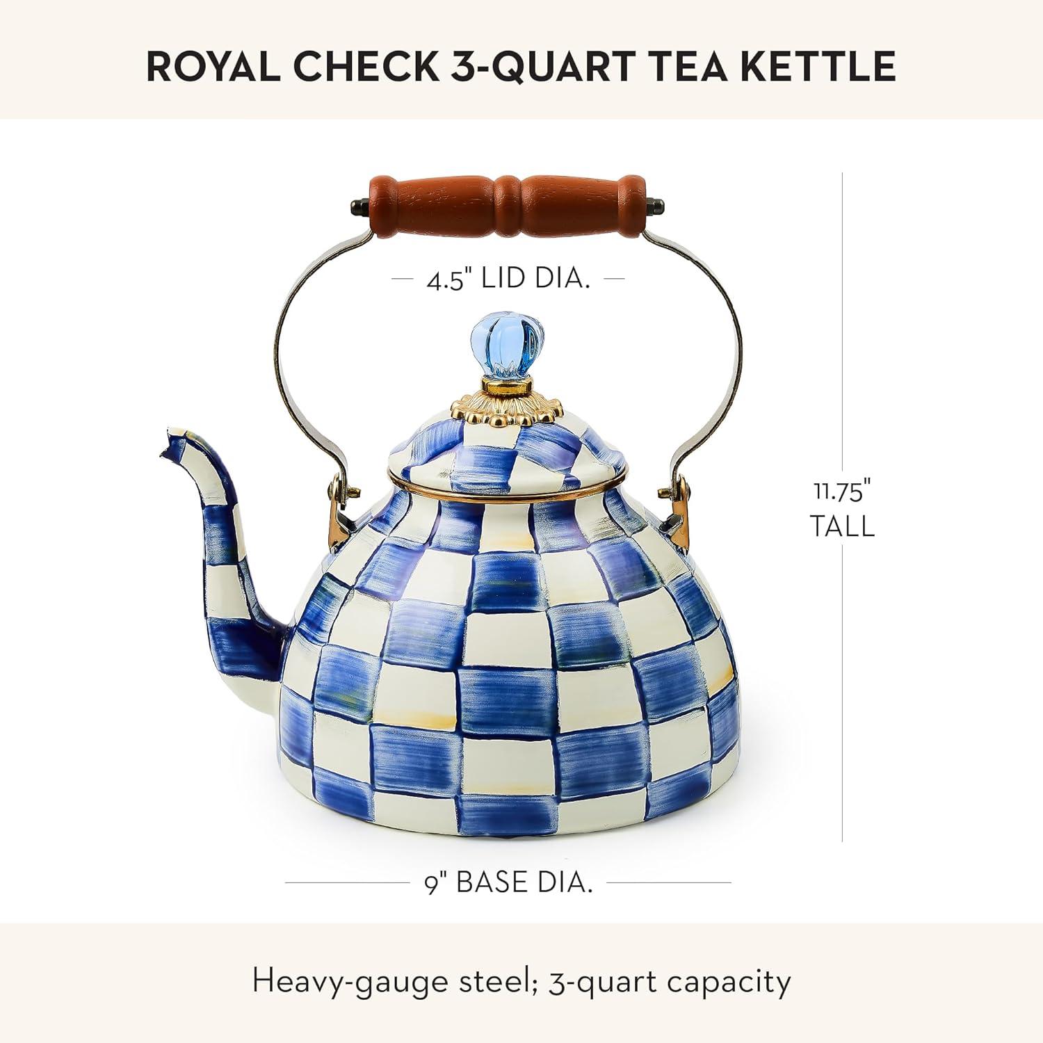 image:imageMACKENZIE CHILDS Enamel Tea Kettle Decorative Tea Kettle for Stovetop 3 Quarts LightBlueandWhite Sky CheckRoyal Check