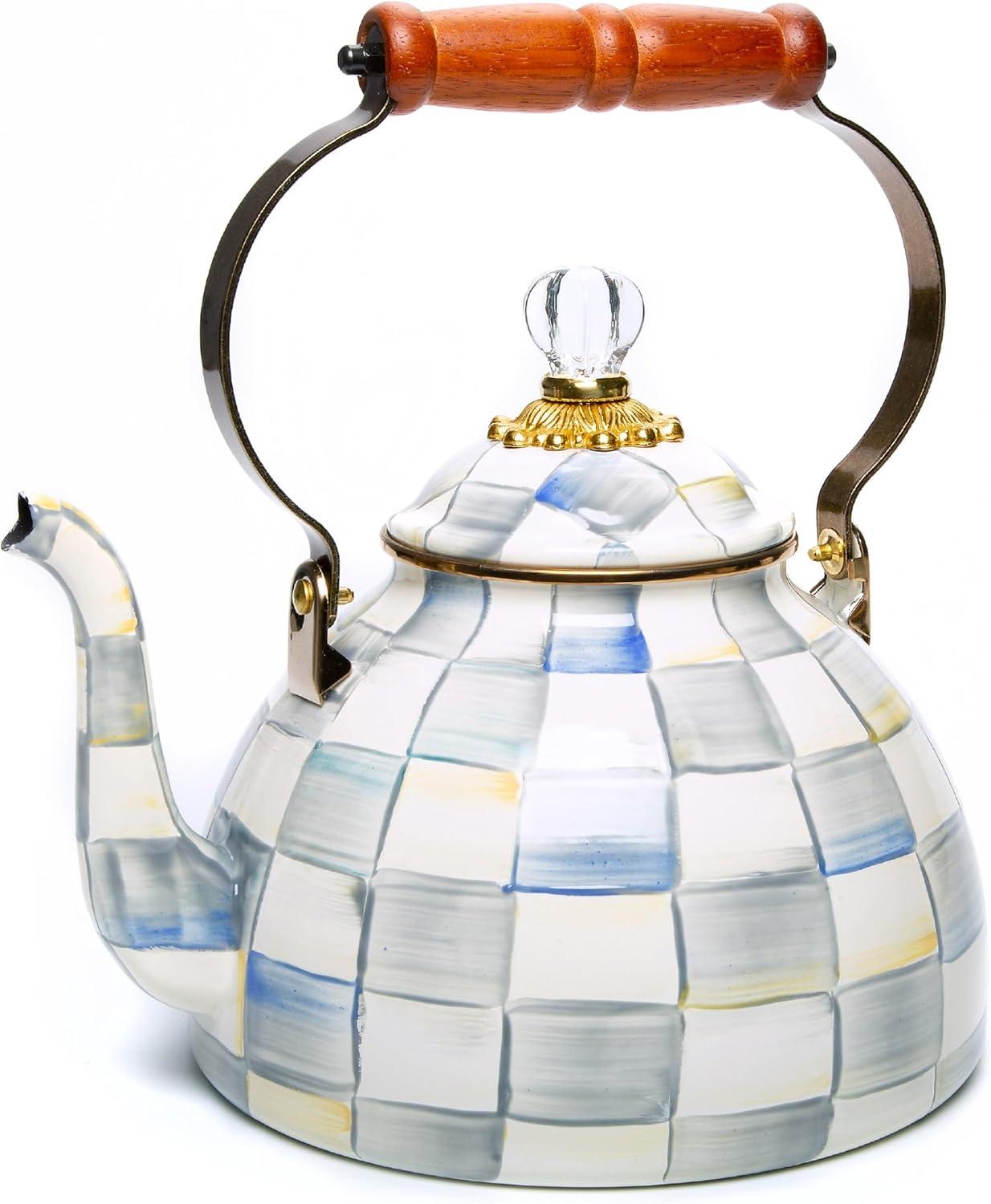 image:imageMACKENZIE CHILDS Enamel Tea Kettle Decorative Tea Kettle for Stovetop 3 Quarts LightBlueandWhite Sky CheckSterling Check