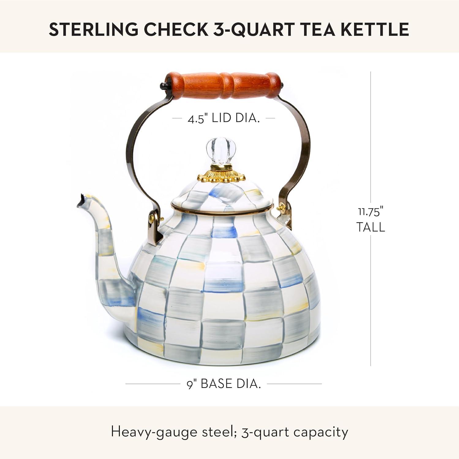 image:imageMACKENZIE CHILDS Enamel Tea Kettle Decorative Tea Kettle for Stovetop 3 Quarts LightBlueandWhite Sky CheckSterling Check