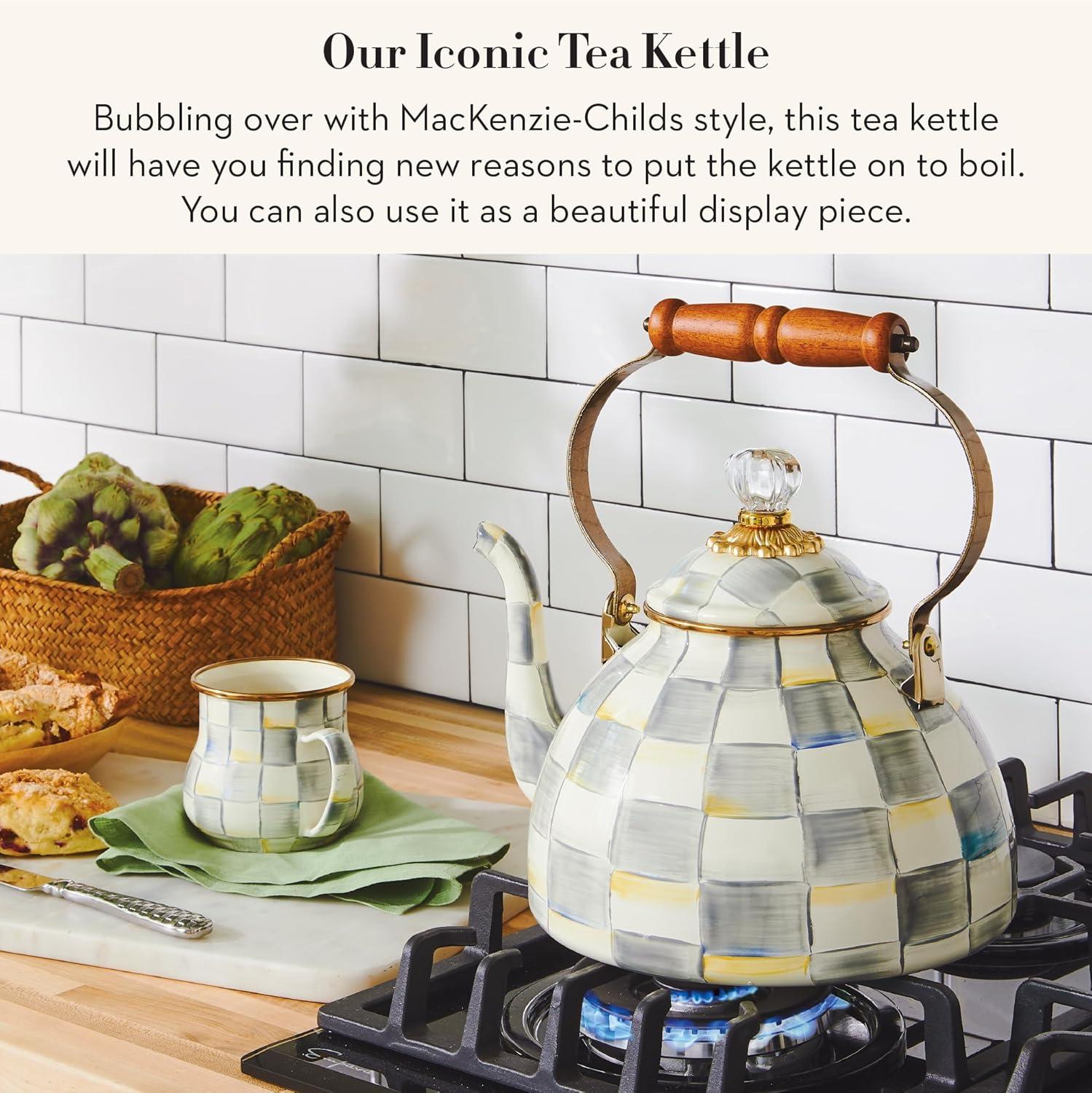 image:imageMACKENZIE CHILDS Enamel Tea Kettle Decorative Tea Kettle for Stovetop 3 Quarts LightBlueandWhite Sky CheckSterling Check