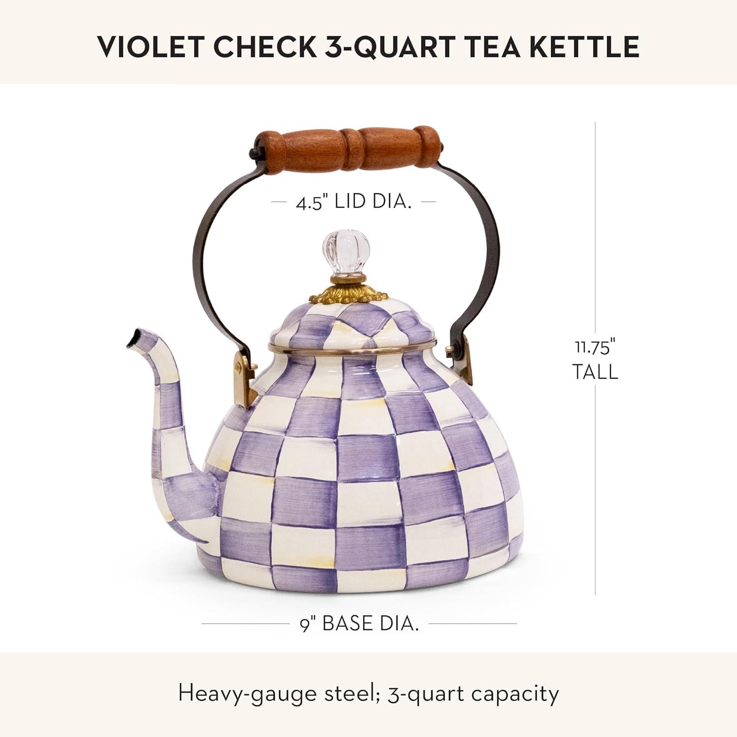 image:imageMACKENZIE CHILDS Enamel Tea Kettle Decorative Tea Kettle for Stovetop 3 Quarts LightBlueandWhite Sky CheckViolet Check