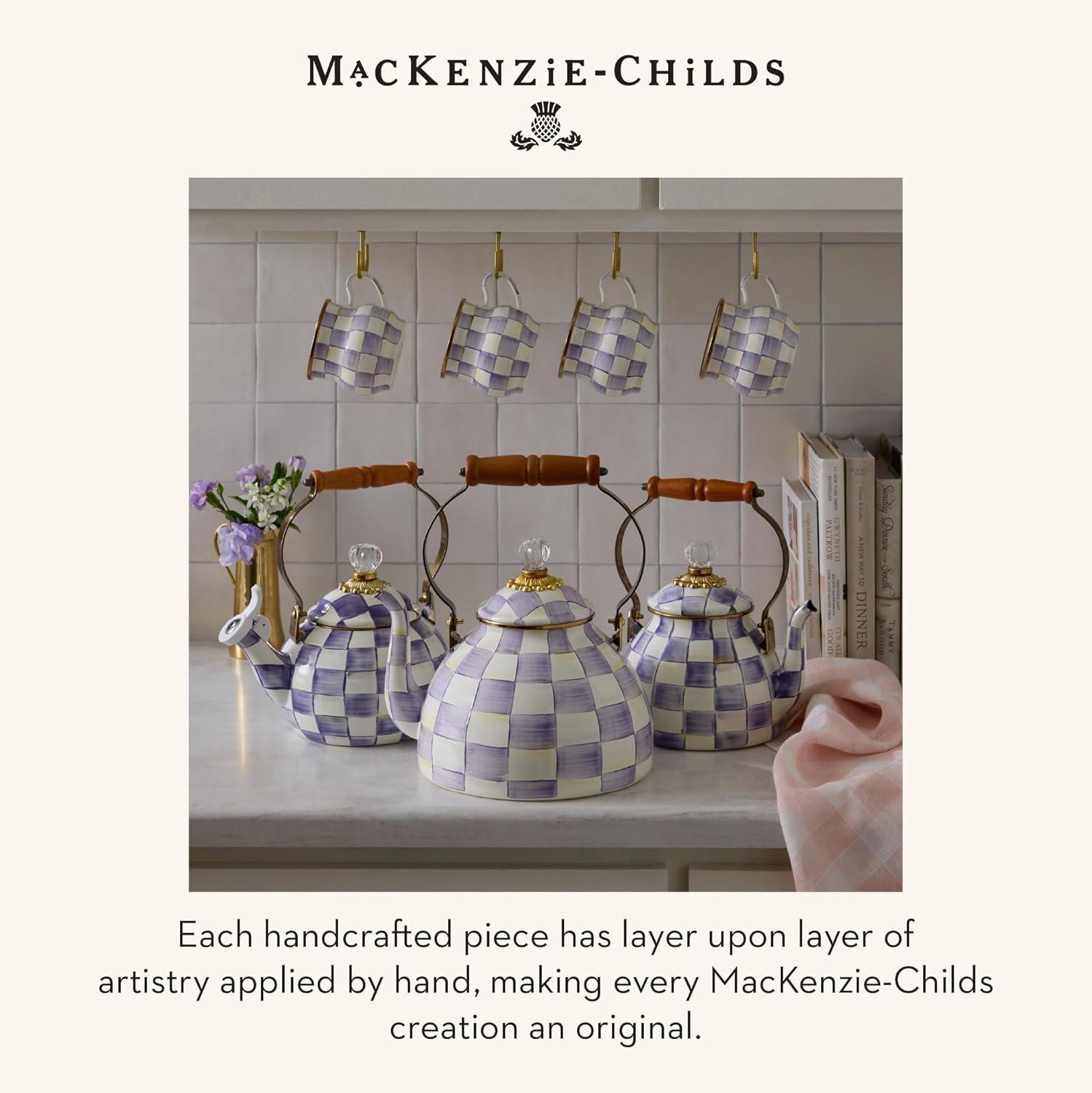 image:imageMACKENZIE CHILDS Enamel Tea Kettle Decorative Tea Kettle for Stovetop 3 Quarts LightBlueandWhite Sky CheckViolet Check