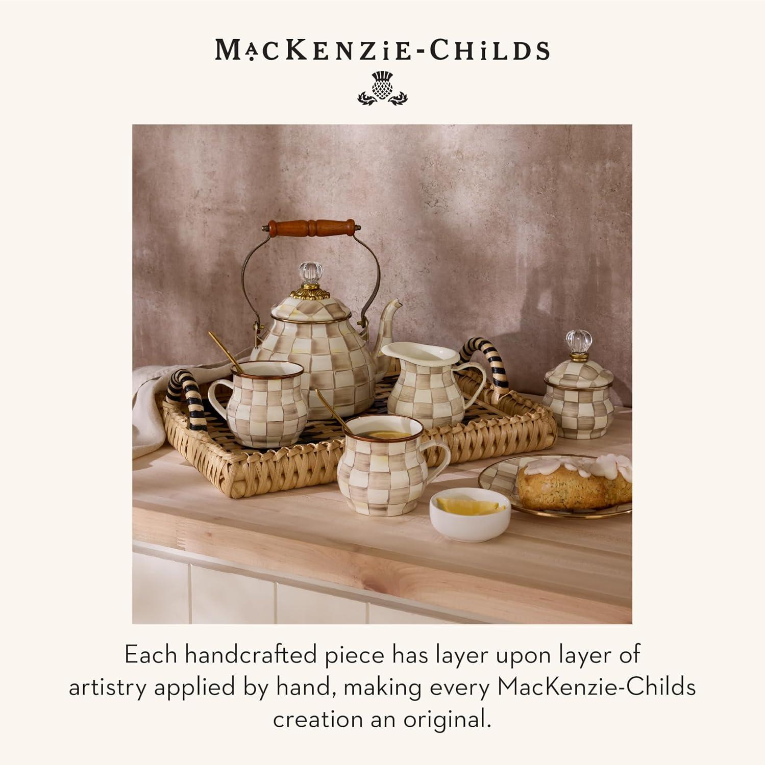 image:imageMACKENZIECHILDS Enamel Whistling Tea Kettle Decorative Teapot 2 Quarts LightBlueandWhite Sky CheckMocha Check