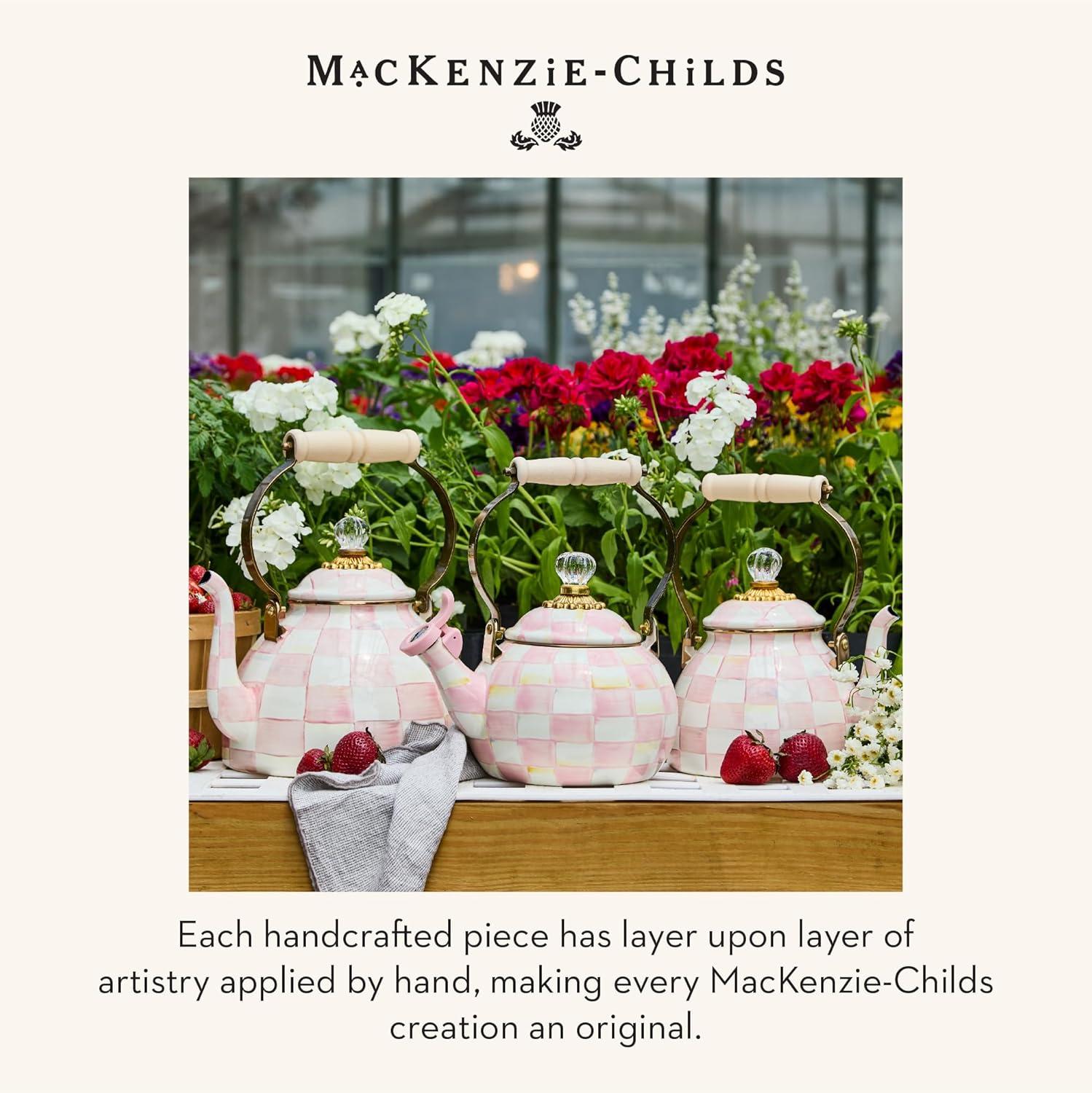 image:imageMACKENZIECHILDS Enamel Whistling Tea Kettle Decorative Teapot 2 Quarts LightBlueandWhite Sky CheckRosy Check