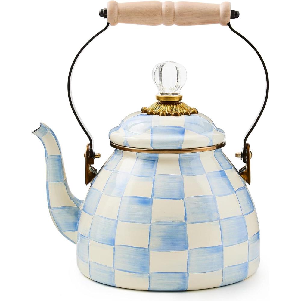 image:imageMACKENZIE CHILDS Enamel Tea Kettle Decorative Tea Kettle for Stovetop 3 Quarts LightBlueandWhite Sky CheckSky Check