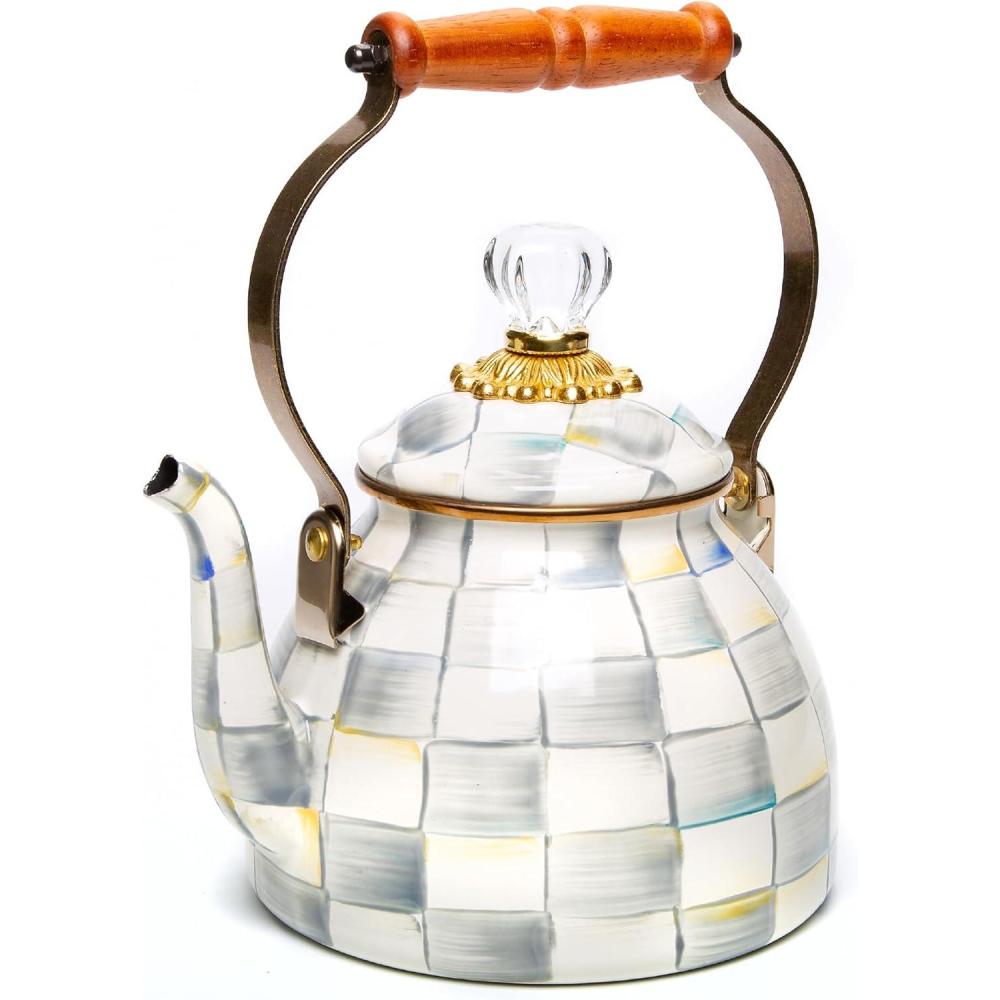 image:imageMACKENZIE CHILDS Enamel Tea Kettle Decorative Tea Kettle for Stovetop 3 Quarts LightBlueandWhite Sky CheckSterling Check