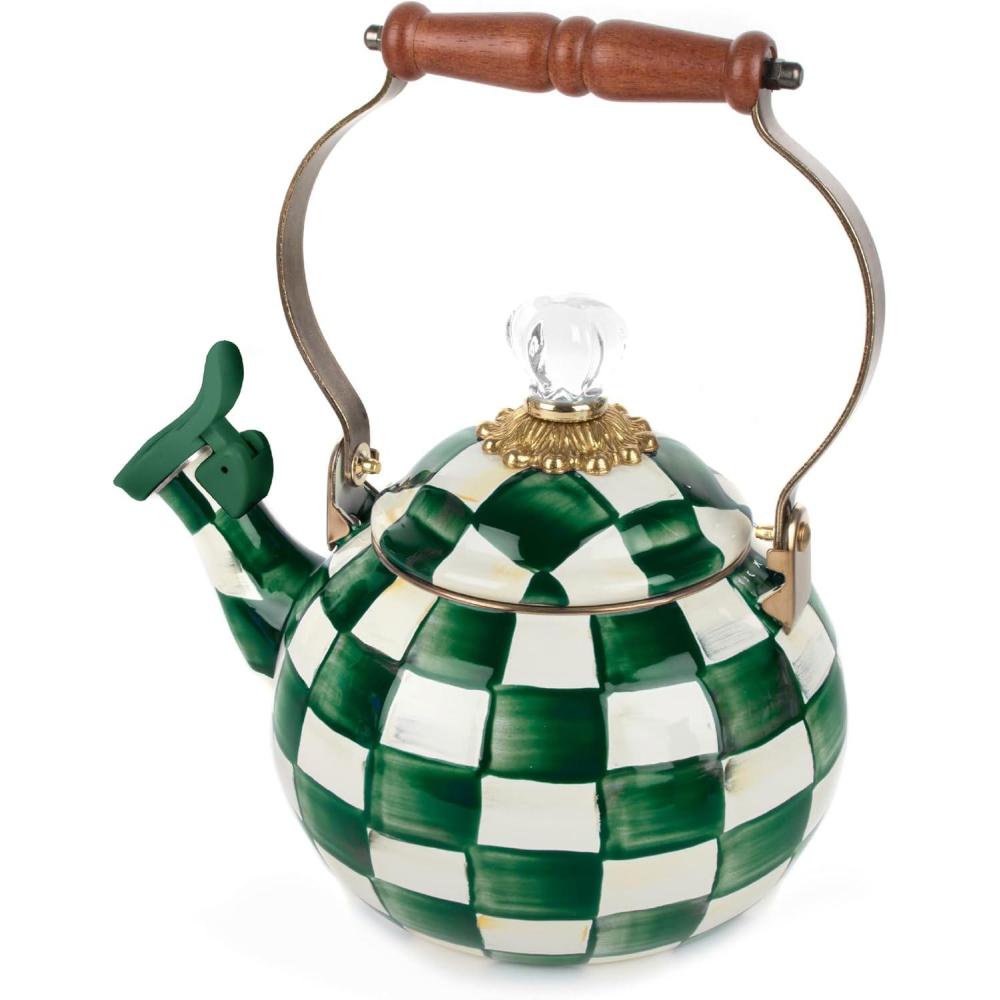 image:imageMACKENZIECHILDS Enamel Whistling Tea Kettle Decorative Teapot 2 Quarts LightBlueandWhite Sky CheckEmerald Check