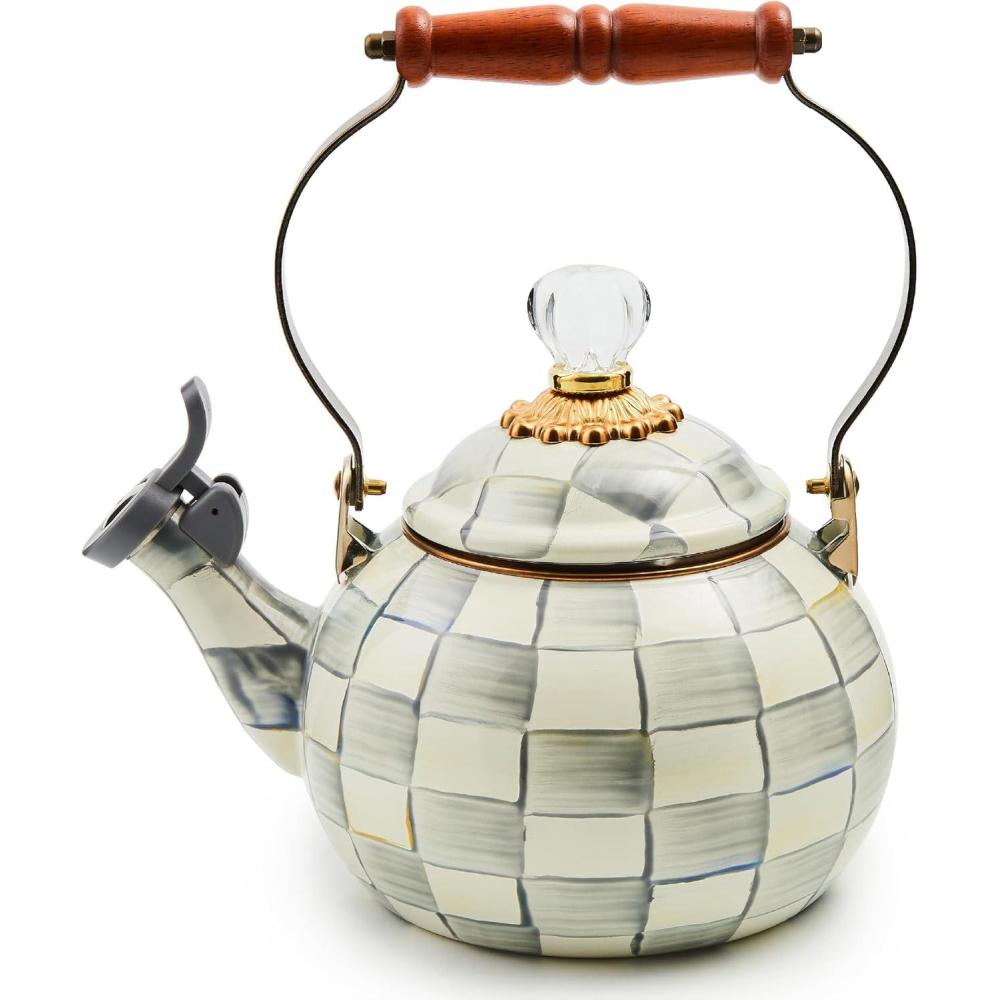 image:imageMACKENZIECHILDS Enamel Whistling Tea Kettle Decorative Teapot 2 Quarts LightBlueandWhite Sky CheckSterling Check