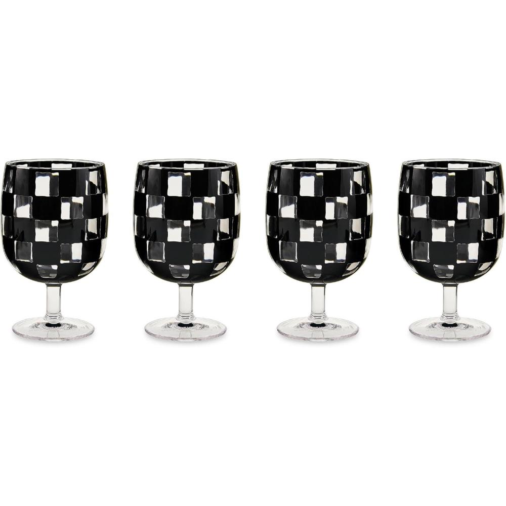 image:imageMACKENZIECHILDS Set of 4 Acrylic Water Goblets Stemmed Water Glasses 135 Ounces Blue CheckBlack Check