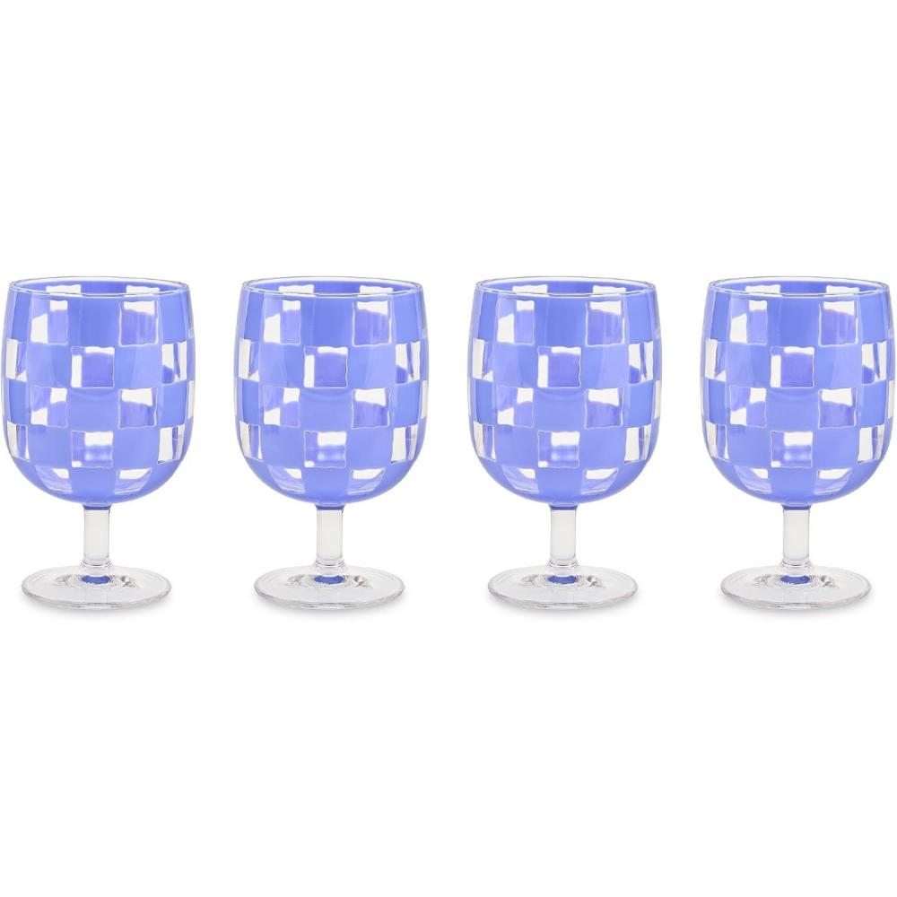 image:imageMACKENZIECHILDS Set of 4 Acrylic Water Goblets Stemmed Water Glasses 135 Ounces Blue CheckBlue Check