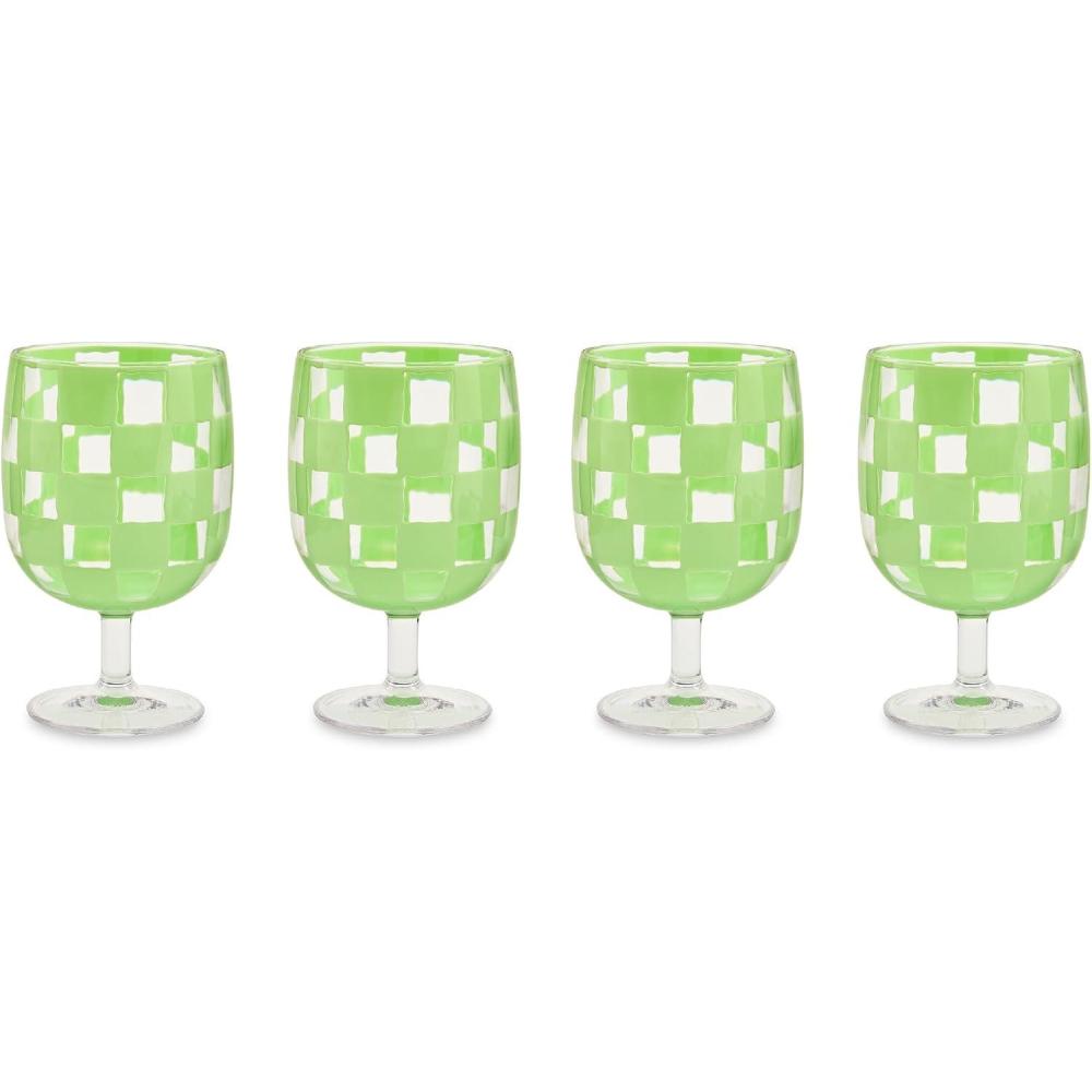 image:imageMACKENZIECHILDS Set of 4 Acrylic Water Goblets Stemmed Water Glasses 135 Ounces Blue CheckGreen Check