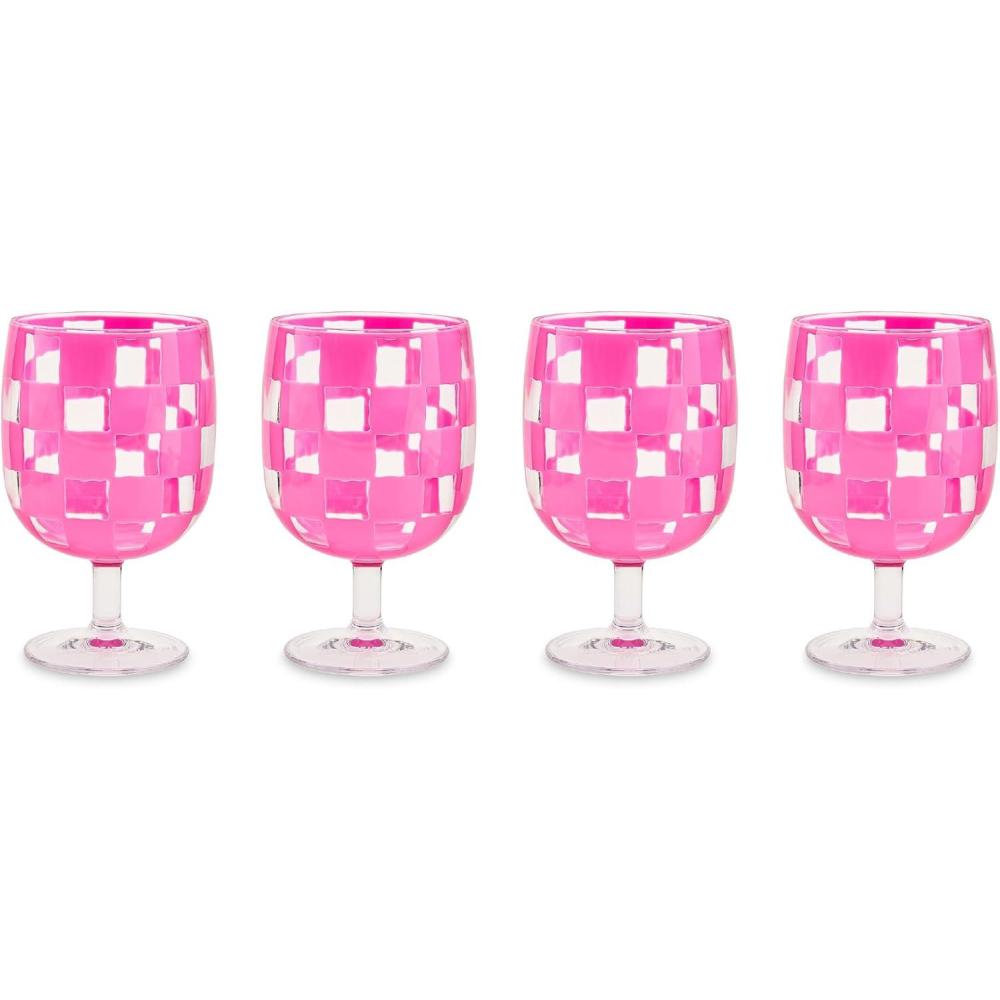 image:imageMACKENZIECHILDS Set of 4 Acrylic Water Goblets Stemmed Water Glasses 135 Ounces Blue CheckPink Check