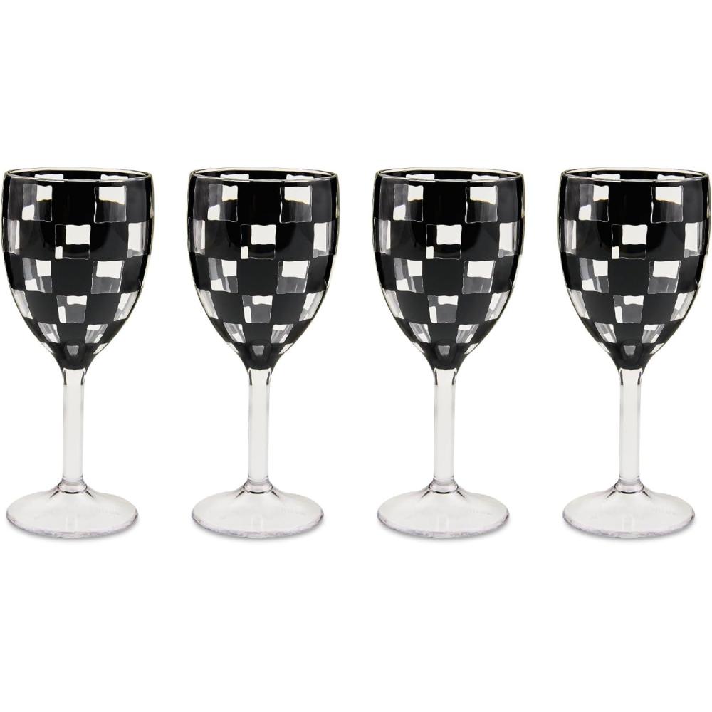 image:imageMACKENZIECHILDS Set of 4 Acrylic Wine Goblets Stemmed Drinking Glasses Decorative Glassware 12 Ounces Pink CheckBlack Check