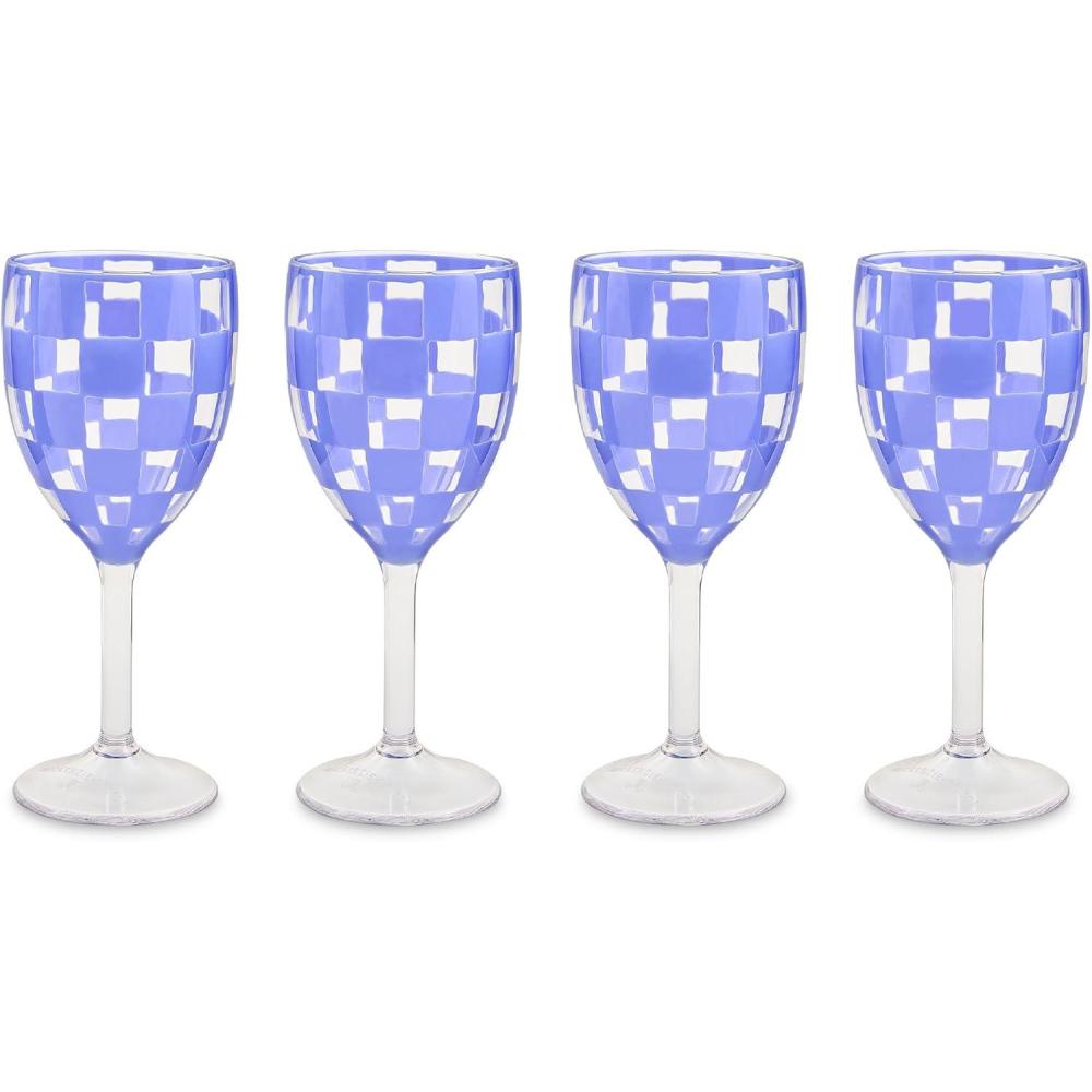 image:imageMACKENZIECHILDS Set of 4 Acrylic Wine Goblets Stemmed Drinking Glasses Decorative Glassware 12 Ounces Pink CheckBlue Check