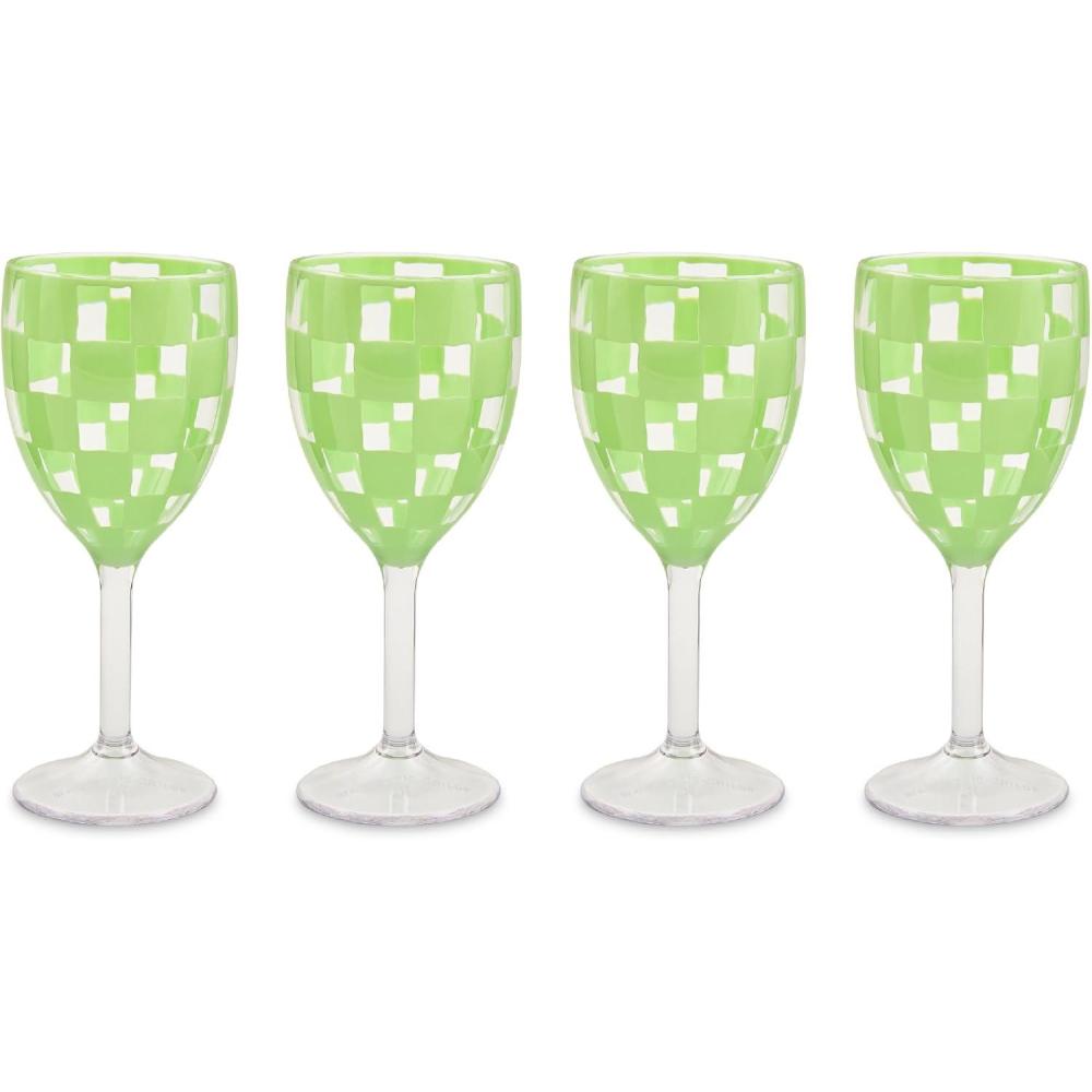 image:imageMACKENZIECHILDS Set of 4 Acrylic Wine Goblets Stemmed Drinking Glasses Decorative Glassware 12 Ounces Pink CheckGreen Check