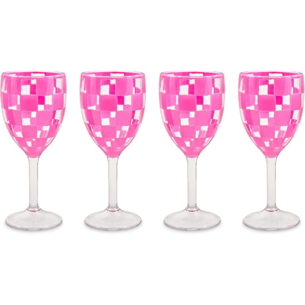 image:imageMACKENZIECHILDS Set of 4 Acrylic Wine Goblets Stemmed Drinking Glasses Decorative Glassware 12 Ounces Pink CheckPink Check
