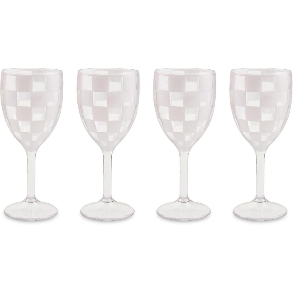 image:imageMACKENZIECHILDS Set of 4 Acrylic Wine Goblets Stemmed Drinking Glasses Decorative Glassware 12 Ounces Pink CheckWhite Check