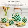 MACKENZIE CHILDS Enamel Tea Kettle, Decorative Tea Kettle for Stovetop, 3 Quarts, Light-Blue-and-White Sky Check(Emerald Check)