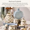 MACKENZIE CHILDS Enamel Tea Kettle, Decorative Tea Kettle for Stovetop, 3 Quarts, Light-Blue-and-White Sky Check(Mocha Check)