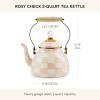 MACKENZIE CHILDS Enamel Tea Kettle, Decorative Tea Kettle for Stovetop, 3 Quarts, Light-Blue-and-White Sky Check(Rosy Check)