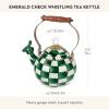MACKENZIE-CHILDS Enamel Whistling Tea Kettle, Decorative Teapot, 2 Quarts, Light-Blue-and-White Sky Check(Emerald Check)