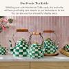 MACKENZIE-CHILDS Enamel Whistling Tea Kettle, Decorative Teapot, 2 Quarts, Light-Blue-and-White Sky Check(Emerald Check)