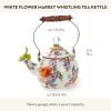 MACKENZIE-CHILDS Enamel Whistling Tea Kettle, Decorative Teapot, 2 Quarts, Light-Blue-and-White Sky Check(Flower Market White)