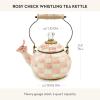 MACKENZIE-CHILDS Enamel Whistling Tea Kettle, Decorative Teapot, 2 Quarts, Light-Blue-and-White Sky Check(Rosy Check)