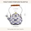 MACKENZIE-CHILDS Enamel Whistling Tea Kettle, Decorative Teapot, 2 Quarts, Light-Blue-and-White Sky Check(Violet Check)