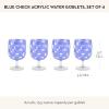 MACKENZIE-CHILDS Set of 4 Acrylic Water Goblets, Stemmed Water Glasses, 13.5 Ounces, Blue Check(Blue Check)