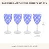 MACKENZIE-CHILDS Set of 4 Acrylic Wine Goblets, Stemmed Drinking Glasses, Decorative Glassware, 12 Ounces, Pink Check(Blue Check)