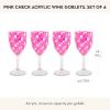 MACKENZIE-CHILDS Set of 4 Acrylic Wine Goblets, Stemmed Drinking Glasses, Decorative Glassware, 12 Ounces, Pink Check(Pink Check)