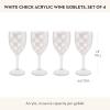 MACKENZIE-CHILDS Set of 4 Acrylic Wine Goblets, Stemmed Drinking Glasses, Decorative Glassware, 12 Ounces, Pink Check(White Check)