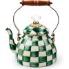 MACKENZIE CHILDS Enamel Tea Kettle, Decorative Tea Kettle for Stovetop, 3 Quarts, Light-Blue-and-White Sky Check(Emerald Check)