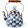 MACKENZIE CHILDS Enamel Tea Kettle, Decorative Tea Kettle for Stovetop, 3 Quarts, Light-Blue-and-White Sky Check(Royal Check)