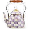 MACKENZIE CHILDS Enamel Tea Kettle, Decorative Tea Kettle for Stovetop, 3 Quarts, Light-Blue-and-White Sky Check(Violet Check)