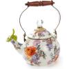 MACKENZIE-CHILDS Enamel Whistling Tea Kettle, Decorative Teapot, 2 Quarts, Light-Blue-and-White Sky Check(Flower Market White)