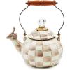 MACKENZIE-CHILDS Enamel Whistling Tea Kettle, Decorative Teapot, 2 Quarts, Light-Blue-and-White Sky Check(Mocha Check)