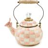 MACKENZIE-CHILDS Enamel Whistling Tea Kettle, Decorative Teapot, 2 Quarts, Light-Blue-and-White Sky Check(Rosy Check)