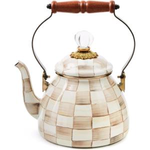 MACKENZIE CHILDS Enamel Tea Kettle, Decorative Tea Kettle for Stovetop, 3 Quarts, Light-Blue-and-White Sky Check(Mocha Check)