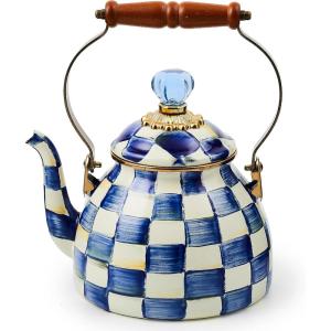 MACKENZIE CHILDS Enamel Tea Kettle, Decorative Tea Kettle for Stovetop, 3 Quarts, Light-Blue-and-White Sky Check(Royal Check)