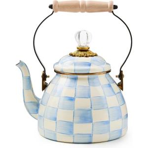 MACKENZIE CHILDS Enamel Tea Kettle, Decorative Tea Kettle for Stovetop, 3 Quarts, Light-Blue-and-White Sky Check(Sky Check)