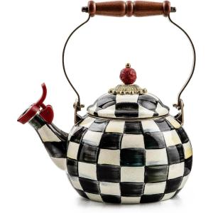MACKENZIE-CHILDS Enamel Whistling Tea Kettle, Decorative Teapot, 2 Quarts, Light-Blue-and-White Sky Check(Courtly Check)