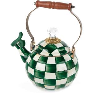 MACKENZIE-CHILDS Enamel Whistling Tea Kettle, Decorative Teapot, 2 Quarts, Light-Blue-and-White Sky Check(Emerald Check)