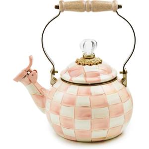 MACKENZIE-CHILDS Enamel Whistling Tea Kettle, Decorative Teapot, 2 Quarts, Light-Blue-and-White Sky Check(Rosy Check)