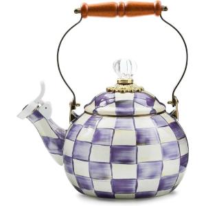 MACKENZIE-CHILDS Enamel Whistling Tea Kettle, Decorative Teapot, 2 Quarts, Light-Blue-and-White Sky Check(Violet Check)
