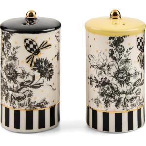 MACKENZIE-CHILDS Porcelain Salt and Pepper Shaker Set, Ceramic Salt and Pepper Holders, Bee Toile